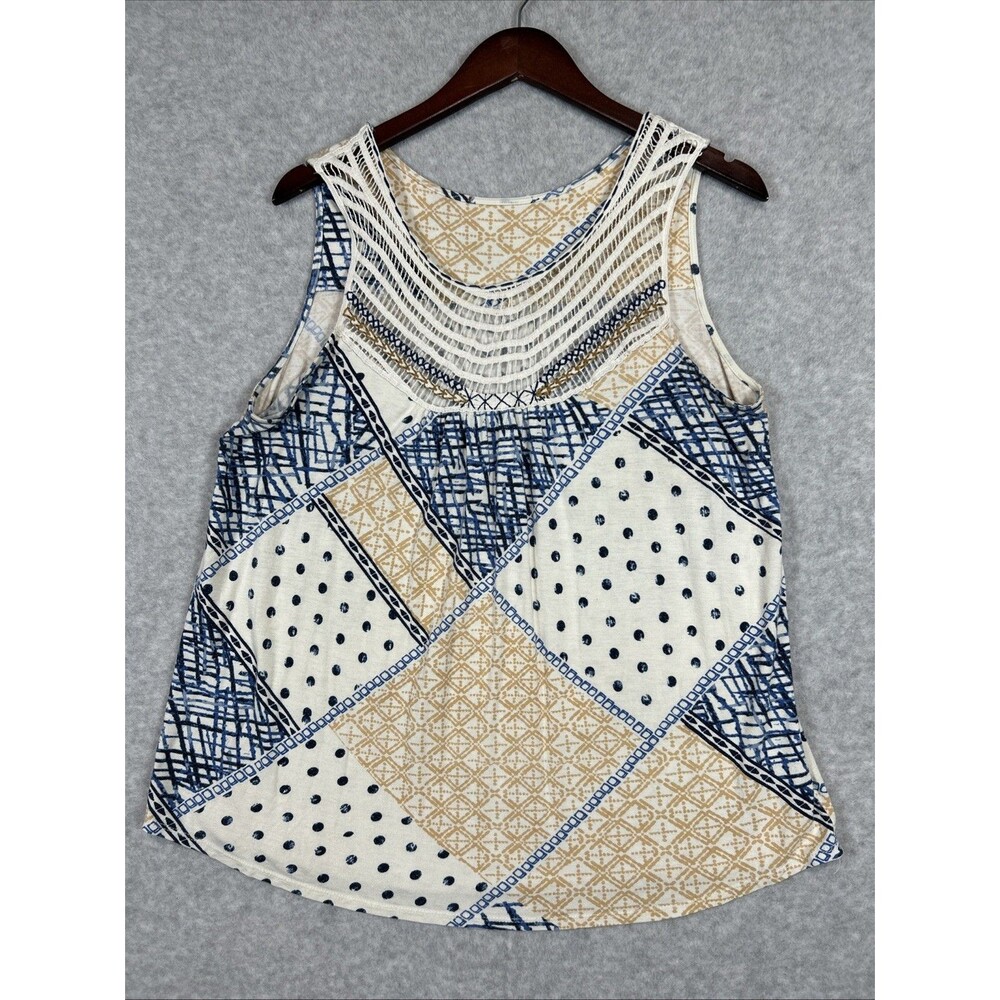 Maurices Womens XL Boho Patchwork Print Crochet Yoke Tank Top Blue Tan